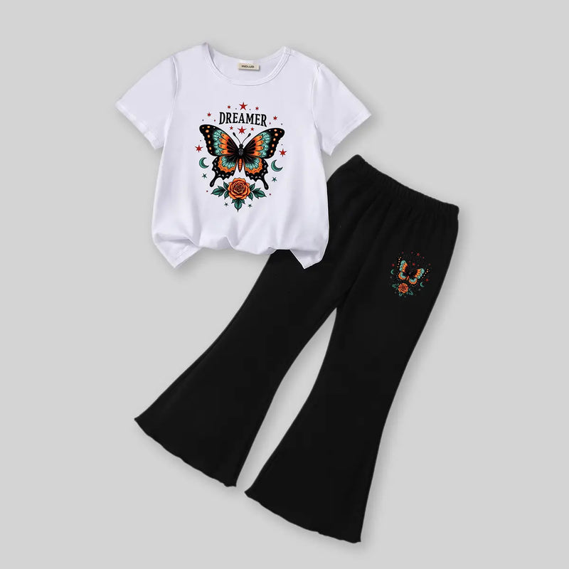 Girls White Butterfly Printed Short Sleeves T-Shirt With Wide-leg Pants Sets Sets
