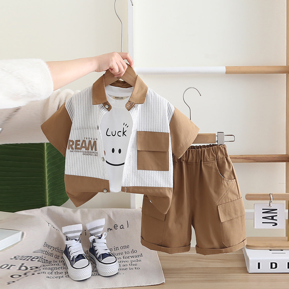 Boys Khaki Color-Blocked Shirt With T-Shirt And Cargo Shorts Set Sets Khaki 1-2 Y