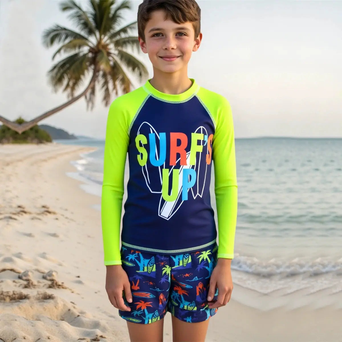 Boys Green Typographic Printed Long Sleeves T-Shirt & Shorts Swimsuit Sets Sets
