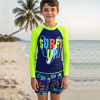 Boys Green Typographic Printed Long Sleeves T-Shirt & Shorts Swimsuit Sets Sets