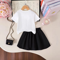 Girls White Bow Applique Short Sleeve T-Shirt With Pleated Skirt Sets 2 pc. Sets