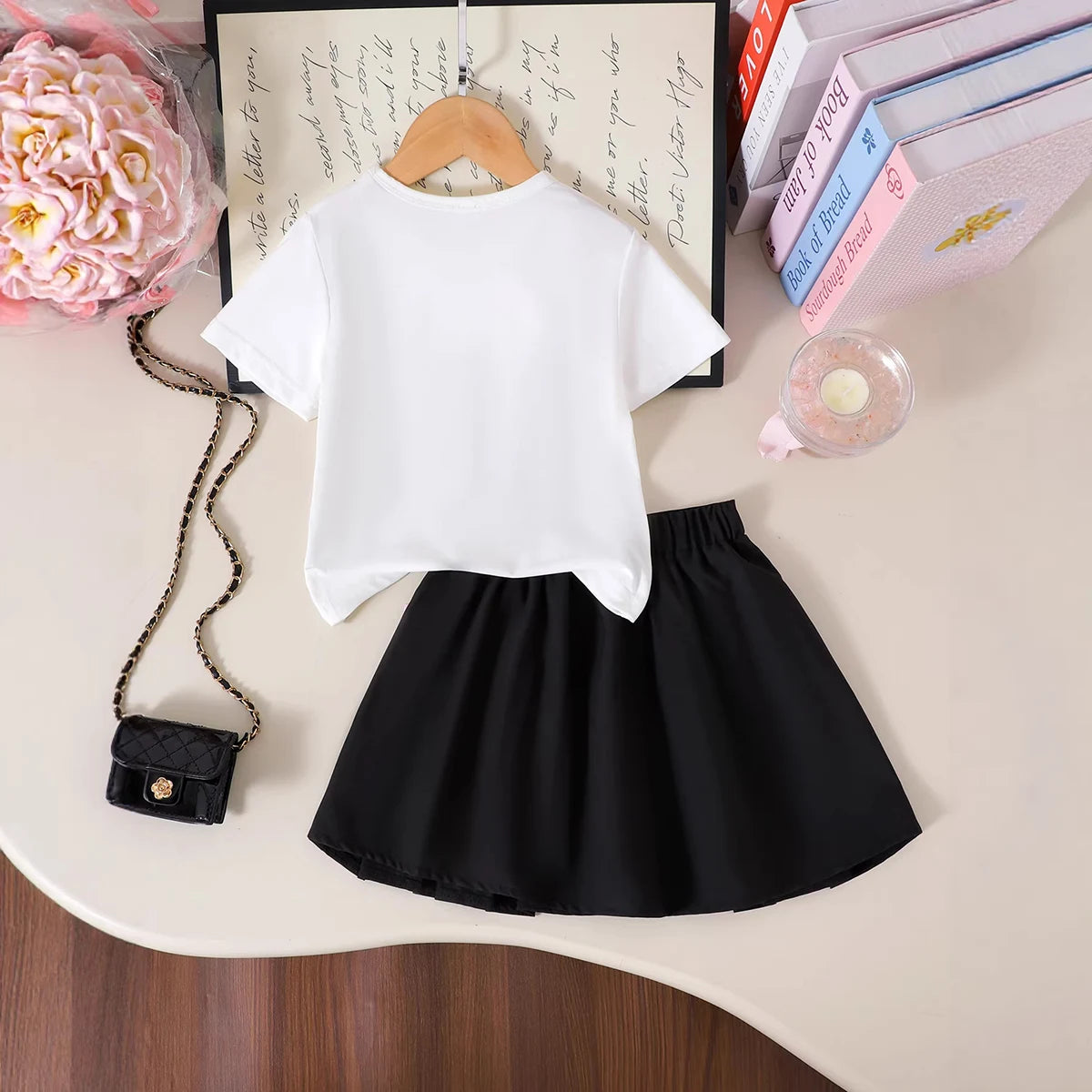 Girls White Bow Applique Short Sleeve T-Shirt With Pleated Skirt Sets 2 pc. Sets