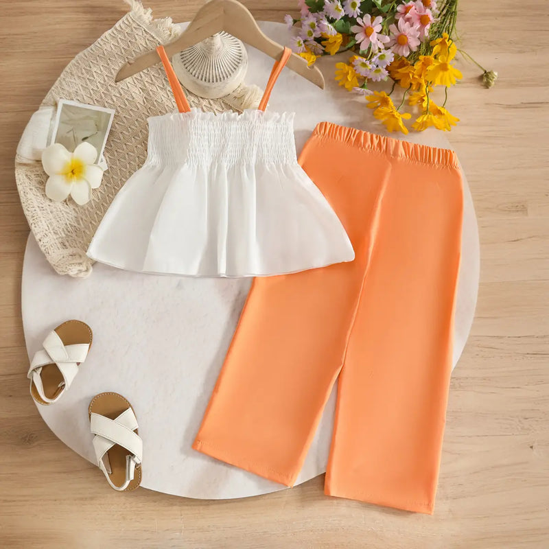 Girls White 3D Flowers Applique Smocked Top With Pant Sets Sets