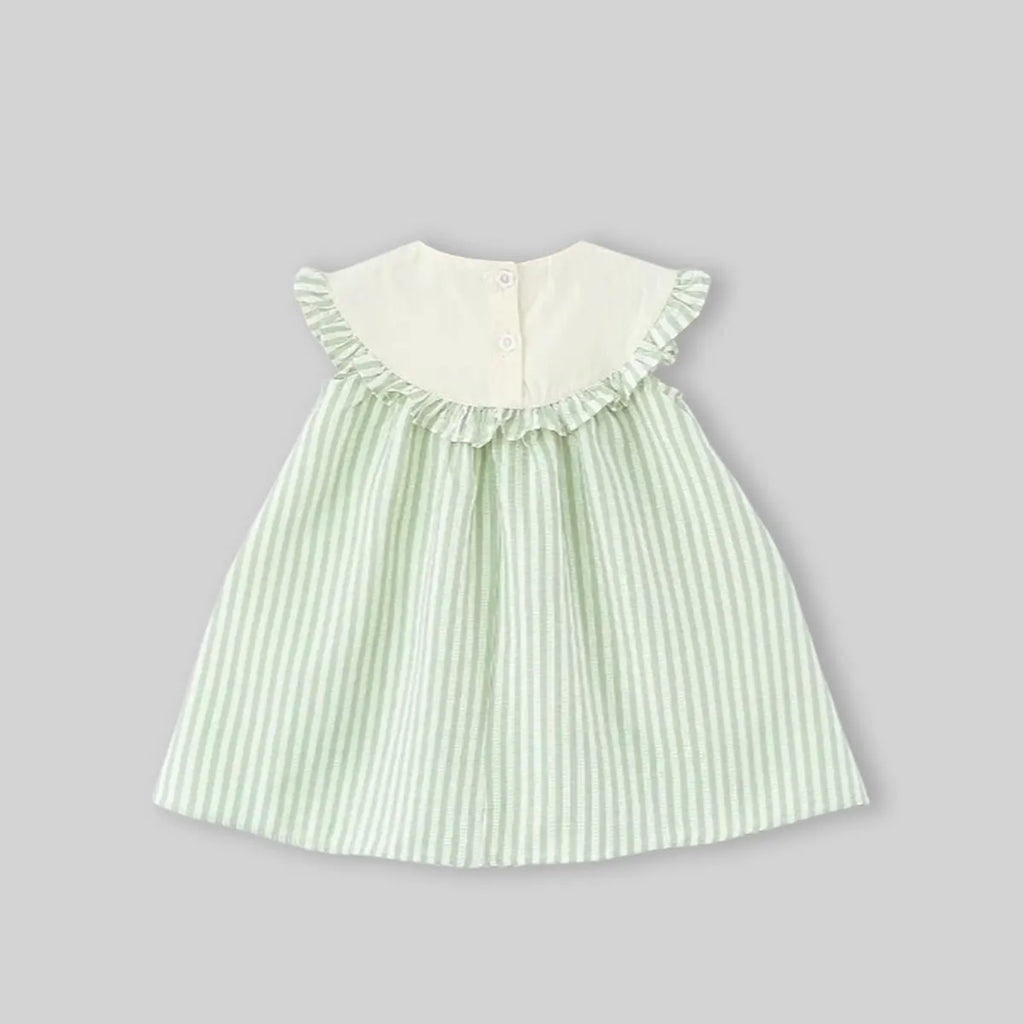 Girls Light Green Stripes Sleeveless A-line Dress With Seaboat Embroidery Casual Dresses