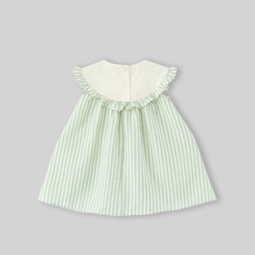 Girls Light Green Stripes Sleeveless A-line Dress With Seaboat Embroidery Casual Dresses