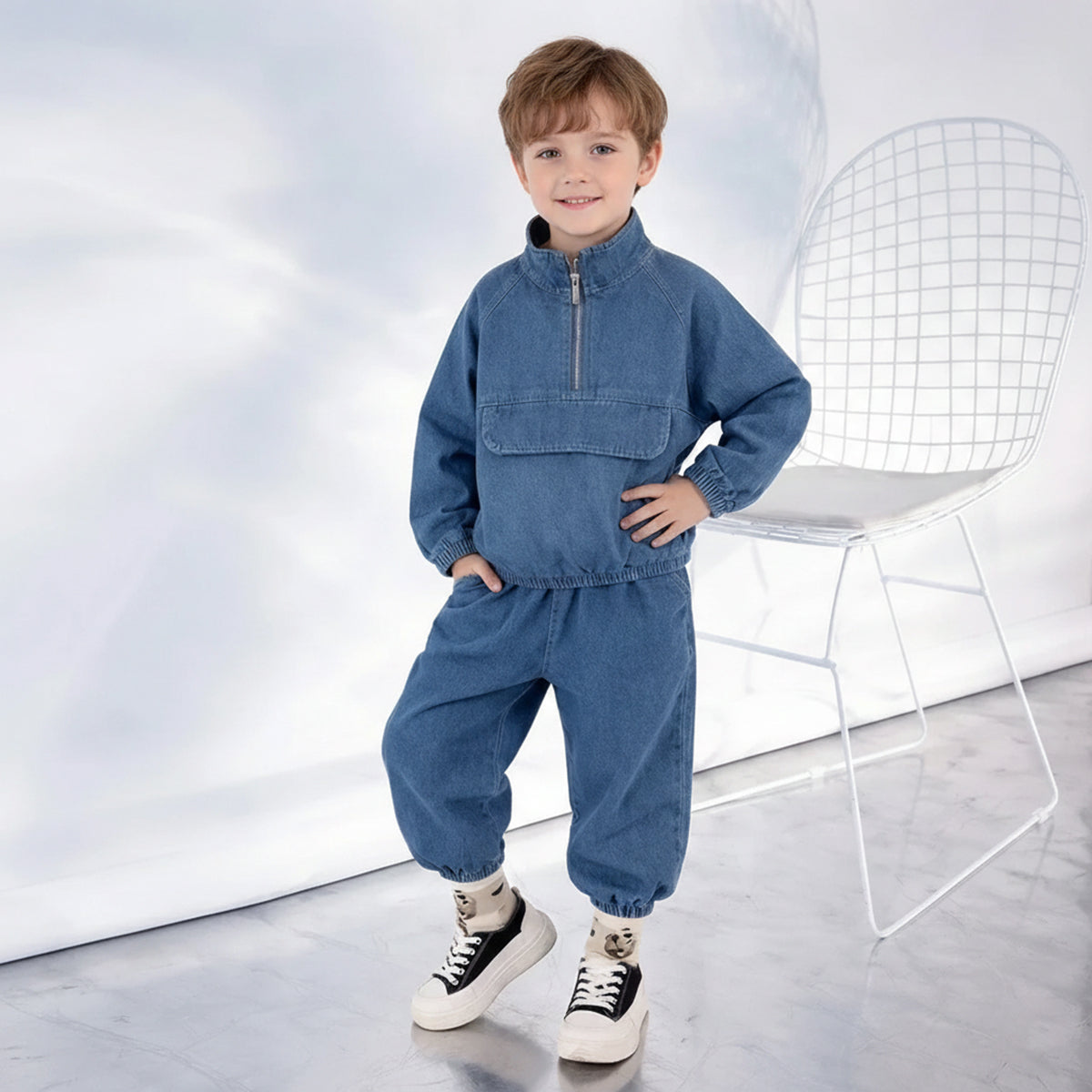Boys Blue Half Zipper Denim Jacket With Jogger Co-ord Sets Sets Blue 1-2 Y