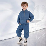 Boys Blue Half Zipper Denim Jacket With Jogger Co-ord Sets