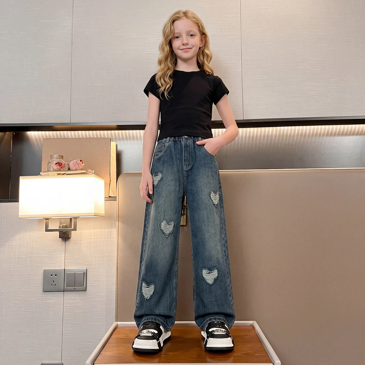 Girls Blue Distressed Heart Relaxed Fit Denim Jeans Pants Blue 5-6 Y