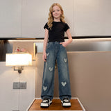 Girls Blue Distressed Heart Relaxed Fit Denim Jeans