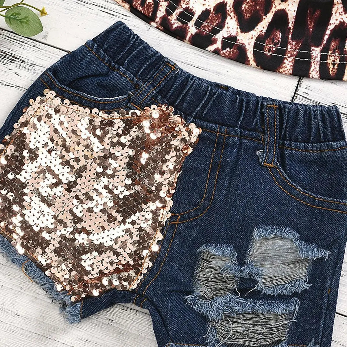 Girls Black Leopard Print Ruffle Halter Crop Top With Sequin Patched Denim Shorts Sets