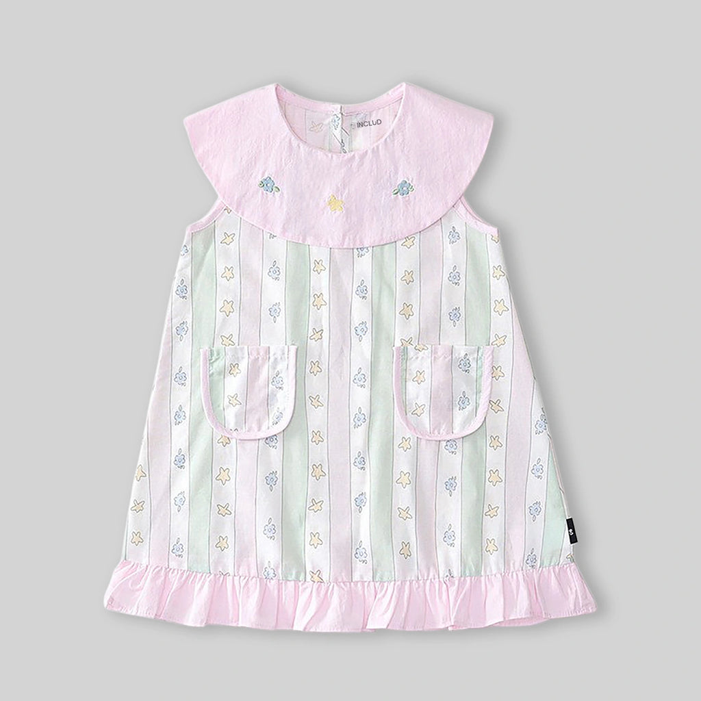 Girls Light Pink Star Striped Sleeveless A-line Dress Casual Dresses