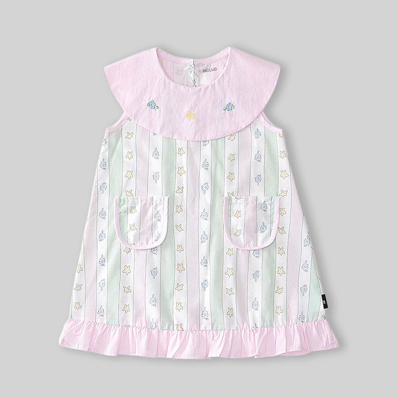 Girls Light Pink Star Striped Sleeveless A-line Dress Casual Dresses