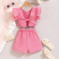 Girls Pink Sequins Embellished Flutter Sleeve Top With Shorts Sets 2 pc. Sets