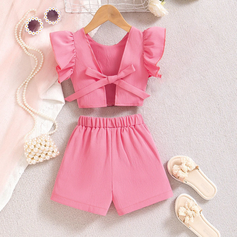 Girls Pink Sequins Embellished Flutter Sleeve Top With Shorts Sets 2 pc. Sets