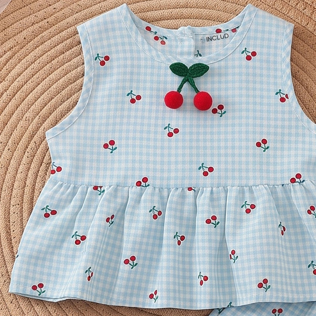 Girls Blue Sleeveless Cherry Print Peplum Top With Pants Sets 2 pc. Sets