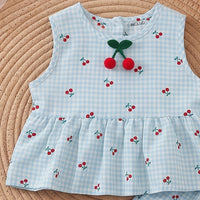 Girls Blue Sleeveless Cherry Print Peplum Top With Pants Sets 2 pc. Sets