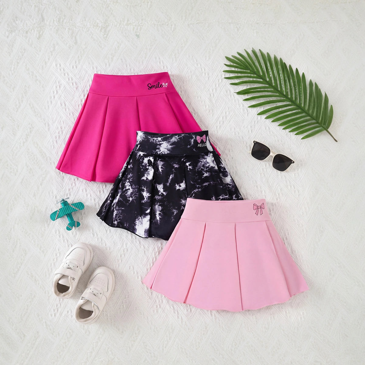 Girls Multicolor Bow Print Pleated Skorts Pack Of 3 Skirts Multicolor 7-8 Y