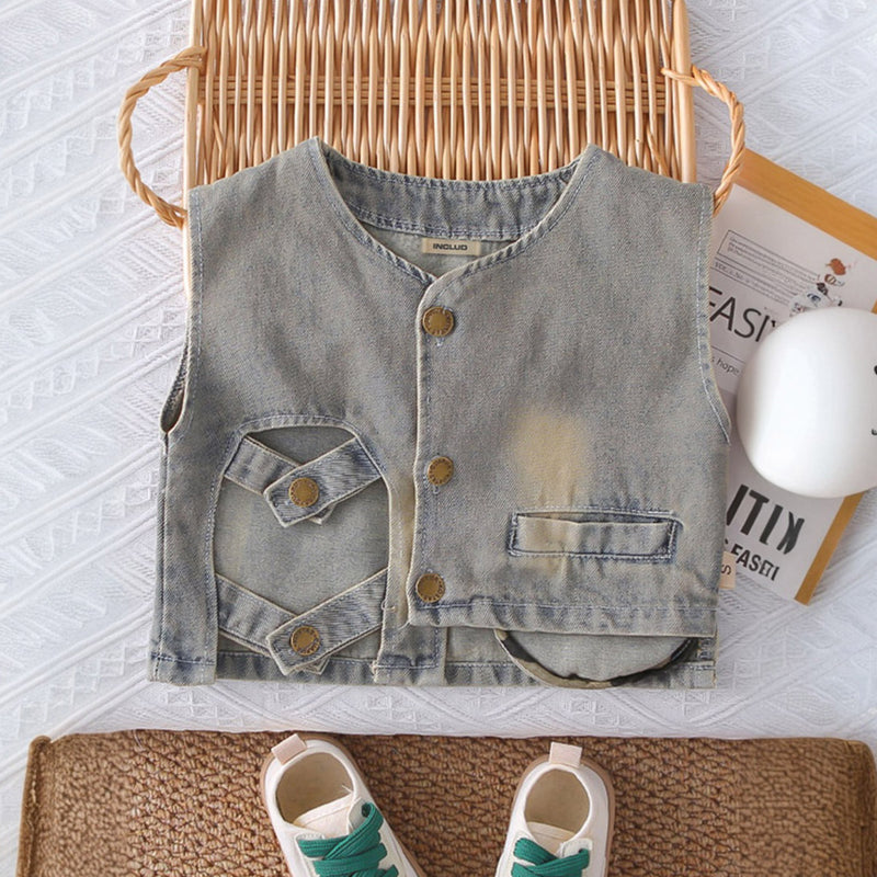 Boys Blue Light Wash Denim Vest With Shirt And Denim Trousers Sets 3 pc. Sets