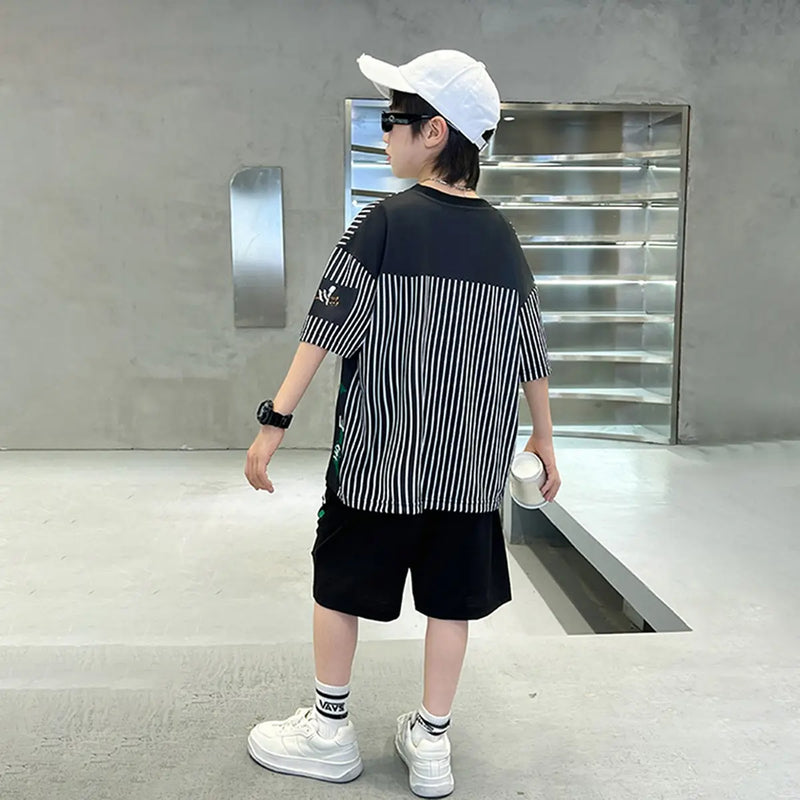 Boys Black Stripes & Typographic Printed Oversized T-Shirt With Shorts Set Sets