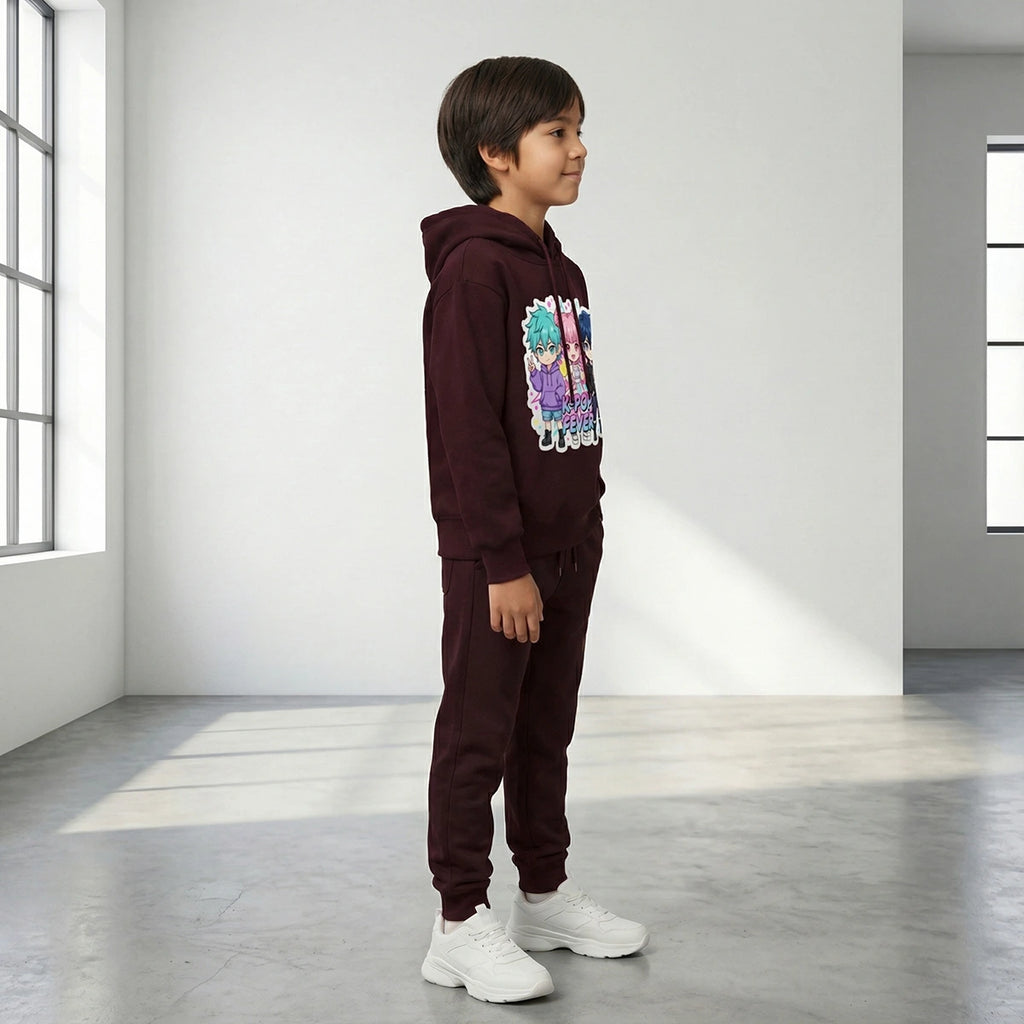 Boys Maroon K-Pop Fever Graphics Hoodie With Jogger Co-ord Sets Sets