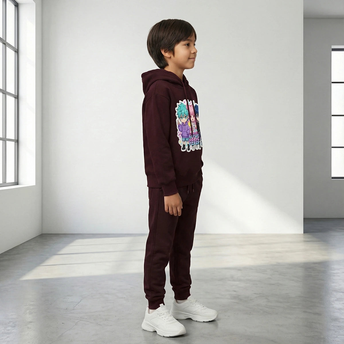 Boys Maroon K-Pop Fever Graphics Hoodie With Jogger Co-ord Sets Sets