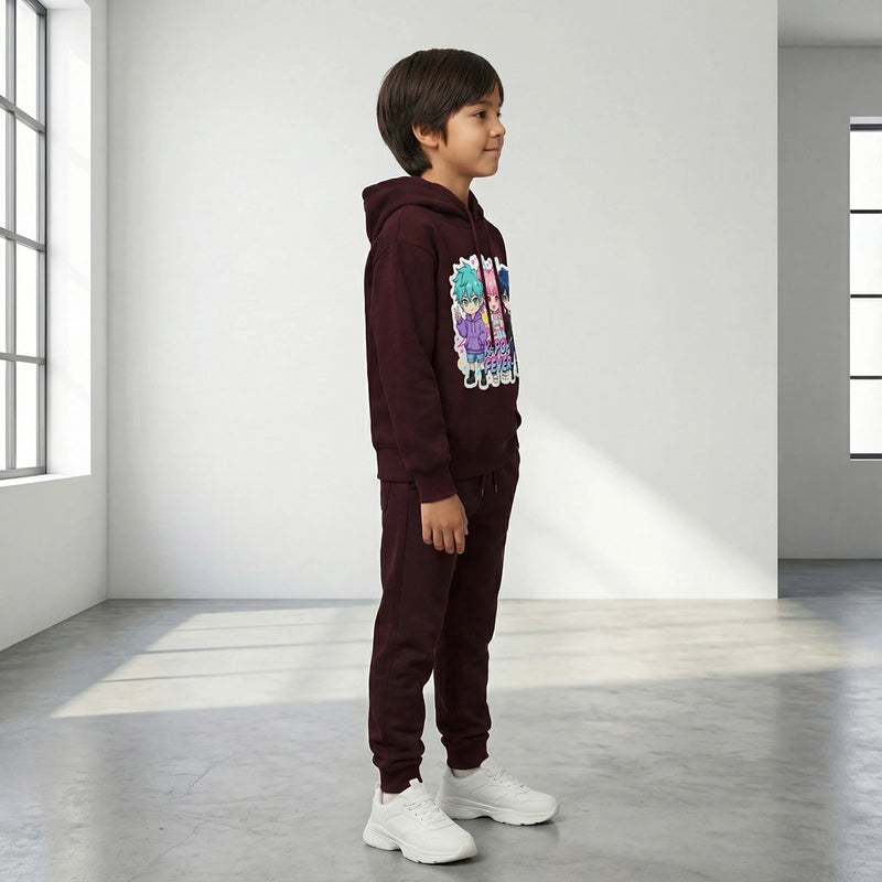 Boys Maroon K-Pop Fever Graphics Hoodie With Jogger Co-ord Sets Sets