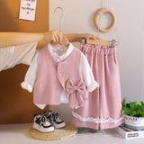 Girls Pink Textured Sleeveless Jacket With Top & Pants Set