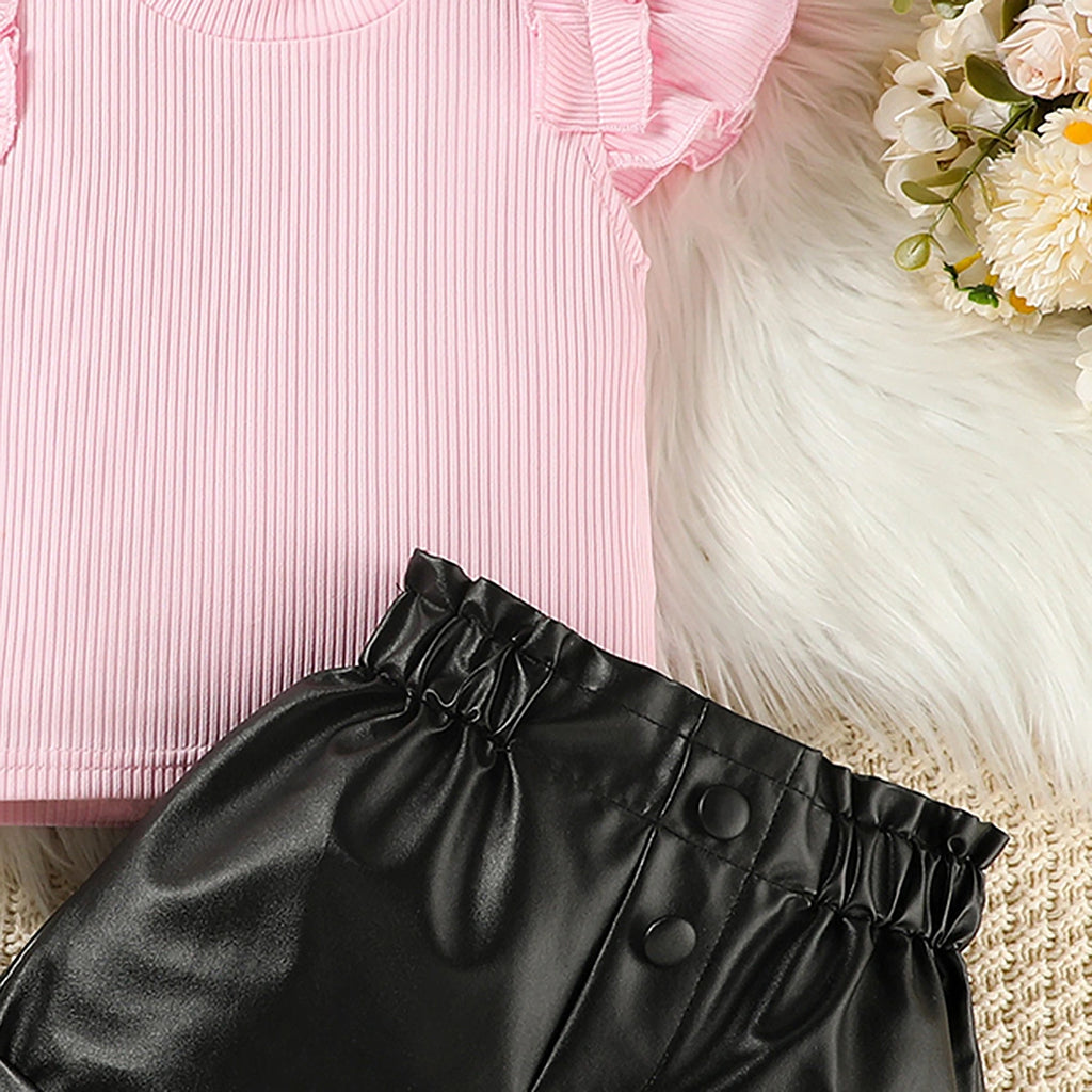 Girls Light Pink Ribbed Flutter Sleeve Top With Faux Leather Shorts Sets 2 pc. Sets
