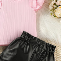 Girls Light Pink Ribbed Flutter Sleeve Top With Faux Leather Shorts Sets 2 pc. Sets
