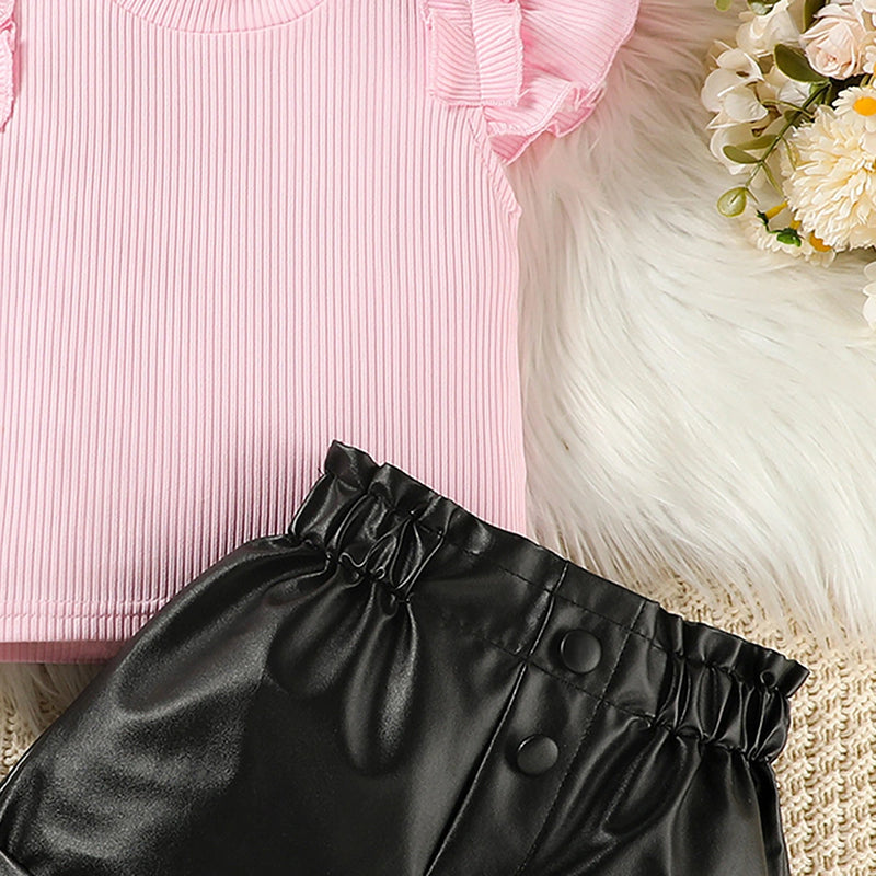 Girls Light Pink Ribbed Flutter Sleeve Top With Faux Leather Shorts Sets 2 pc. Sets