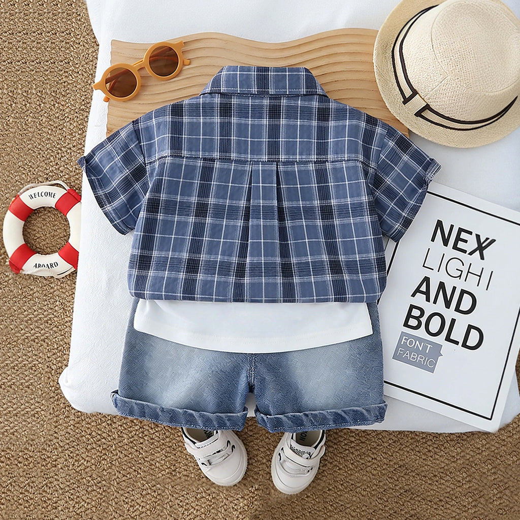 Boys Blue Checked Shirt With Printed T-Shirt & Denim Shorts Set Sets