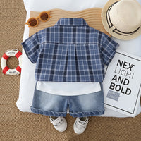 Boys Blue Checked Shirt With Printed T-Shirt & Denim Shorts Set Sets