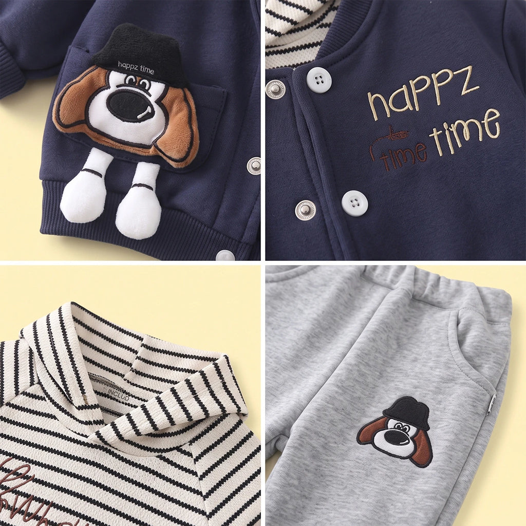 Boys Navy Blue Typographic Jacket With Hooded Sweatshirt & Joggers Sets Sets