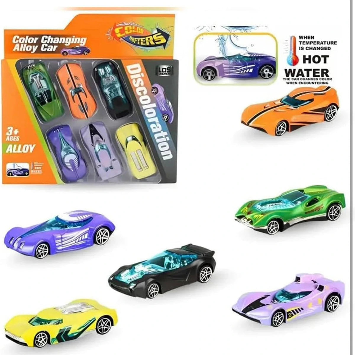 Set of six multicolor alloy racing cars that change color with temperature