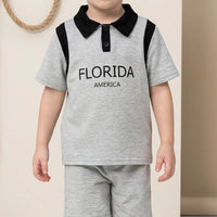 Boys Light Grey Typography Print Short Sleeve Polo T-Shirt With Shorts Sets 2 pc. Sets
