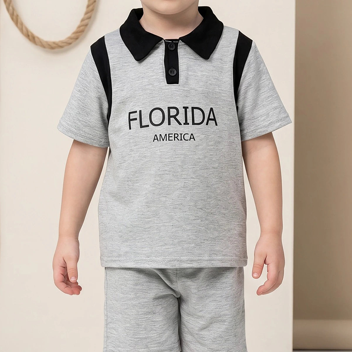 Boys Light Grey Typography Print Short Sleeve Polo T-Shirt With Shorts Sets 2 pc. Sets