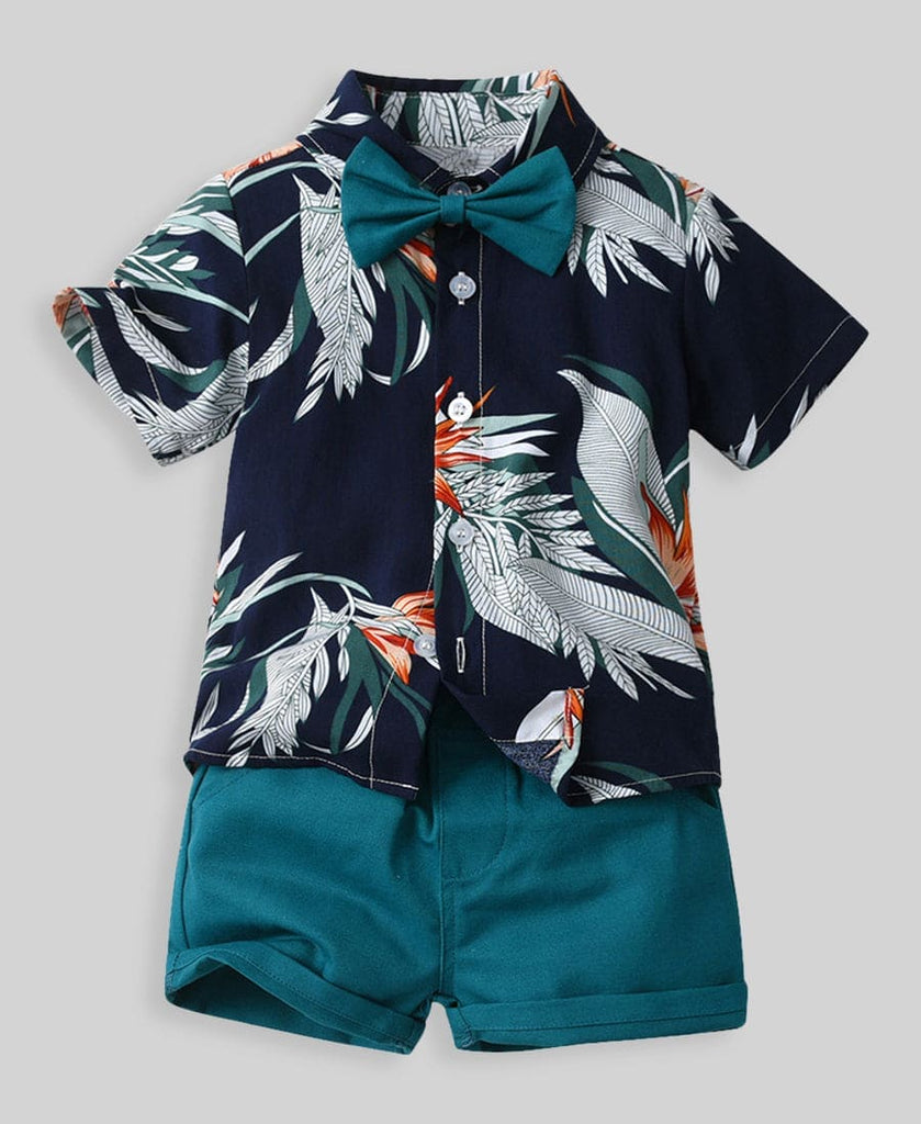 Boys Teal Leaf Print Shirt With Solid Shorts Casual Clothing Sets Sets Style 5 1-2 Y 