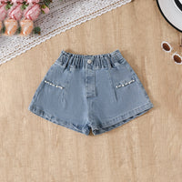 Girls Pink Large Flower Applique Crop Top With Denim Shorts Set Sets