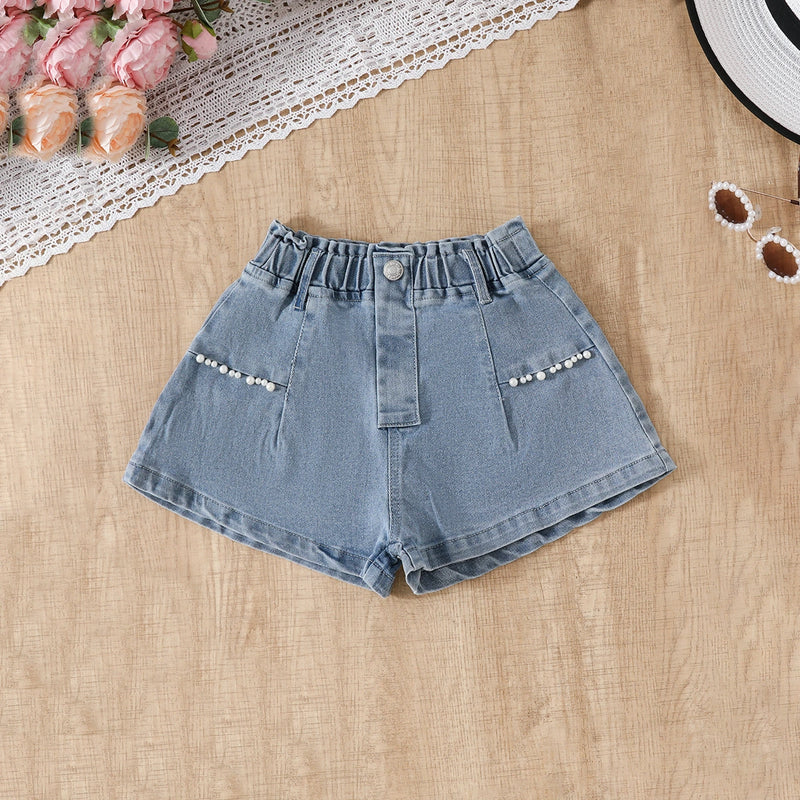 Girls Pink Large Flower Applique Crop Top With Denim Shorts Set Sets