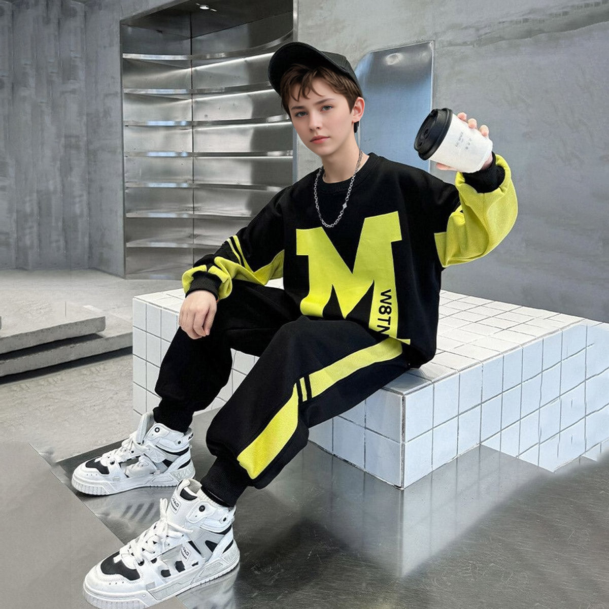 Boys Black Typographic Printed Winter Sweatshirt With Pants Sets 2 pc. Sets