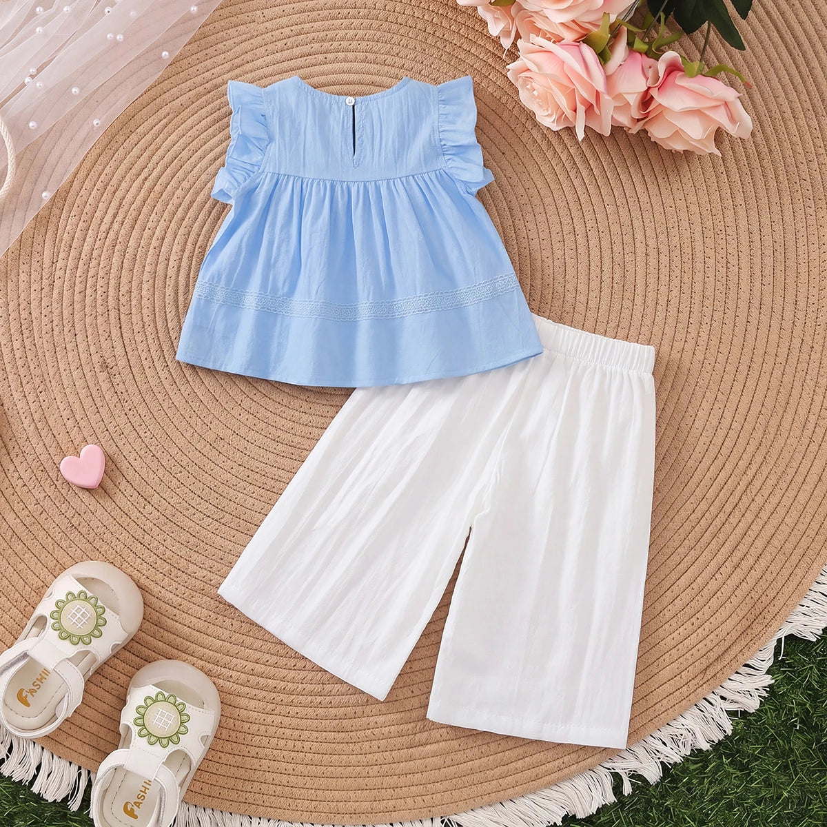 Girls Blue Flutter Sleeve Top With Pants Sets 2 pc. Sets