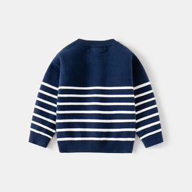 Boys Navy Blue Regular Sweater With Self Design Stripe Patterns Sweaters & Cardigans