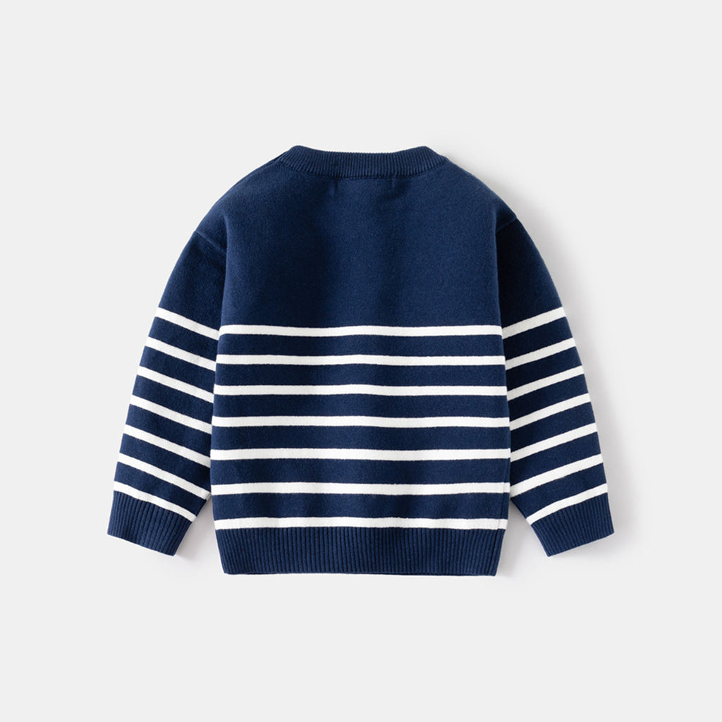 Boys Navy Blue Regular Sweater With Self Design Stripe Patterns Sweaters & Cardigans