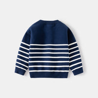 Boys Navy Blue Regular Sweater With Self Design Stripe Patterns Sweaters & Cardigans