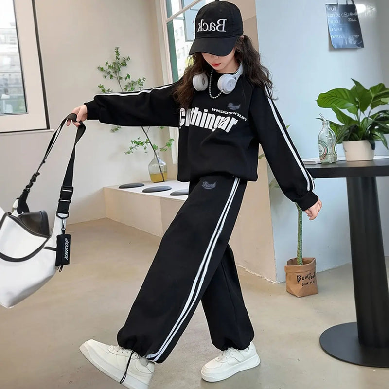 Girls Black Typographic Printed Sweatshirt With Wide Leg Pant Sets Sets
