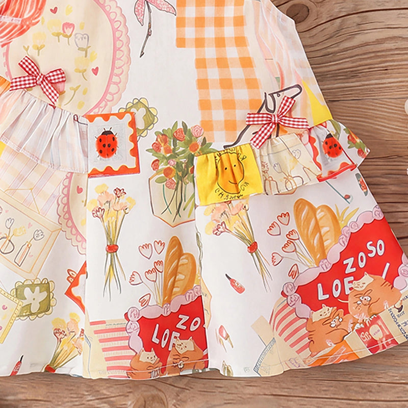 Girls Multicolor Graphic Sleeveless A-line Dress Casual Dresses