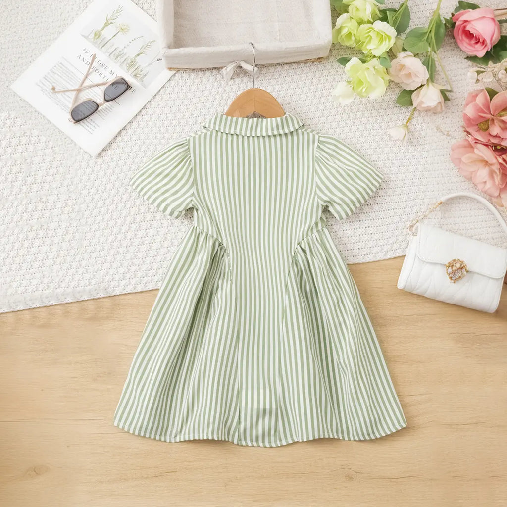 Girls Green Stripes Button-Down A-line Dress With Short Sleeves Casual Dresses