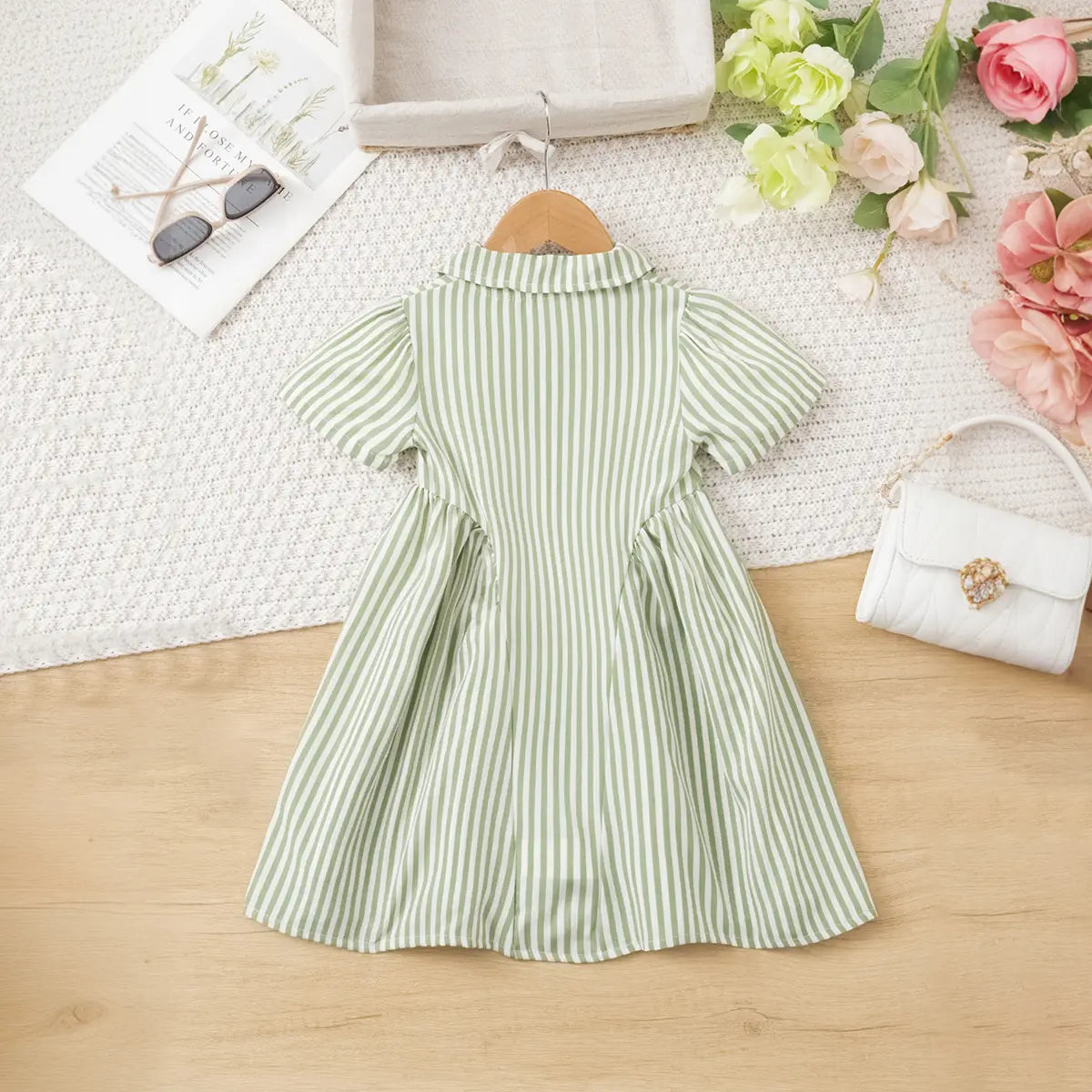 Girls Green Stripes Button-Down A-line Dress With Short Sleeves Casual Dresses