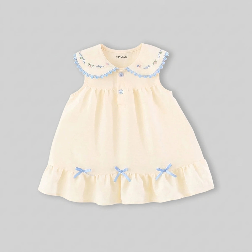 Girls Apricot Embroidered Peter Pan Collar A-Line Dress Casual Dresses