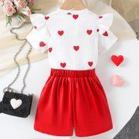 Girls Heart Print Flutter Sleeve Top With Red Faux Leather Shorts Sets 2 pc. Sets